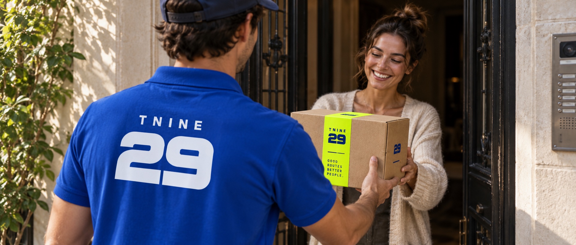 Un rider de 29 TNine entrega una caja en mano a una mujer en la puerta de su casa
