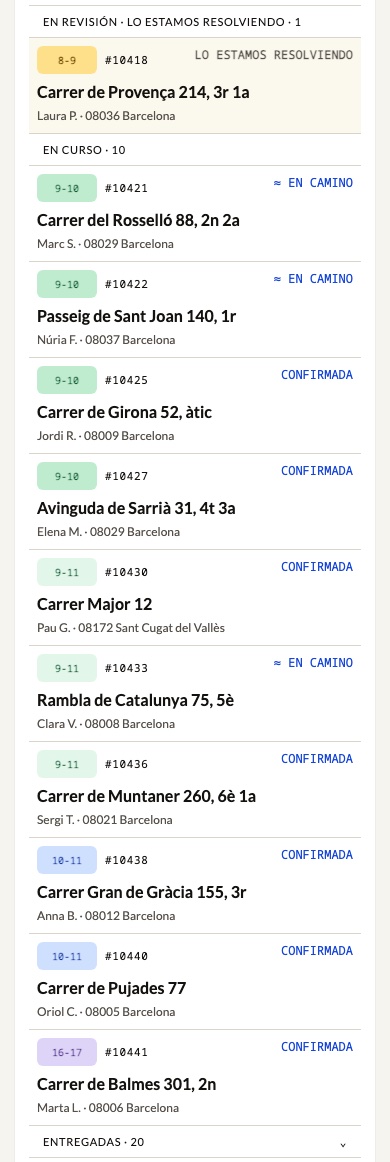 Panel de cliente de 29 TNine en el móvil (datos de ejemplo)